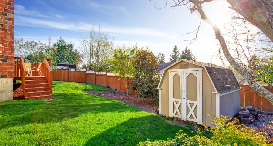 Fenced backyard with storage shed in Olympia